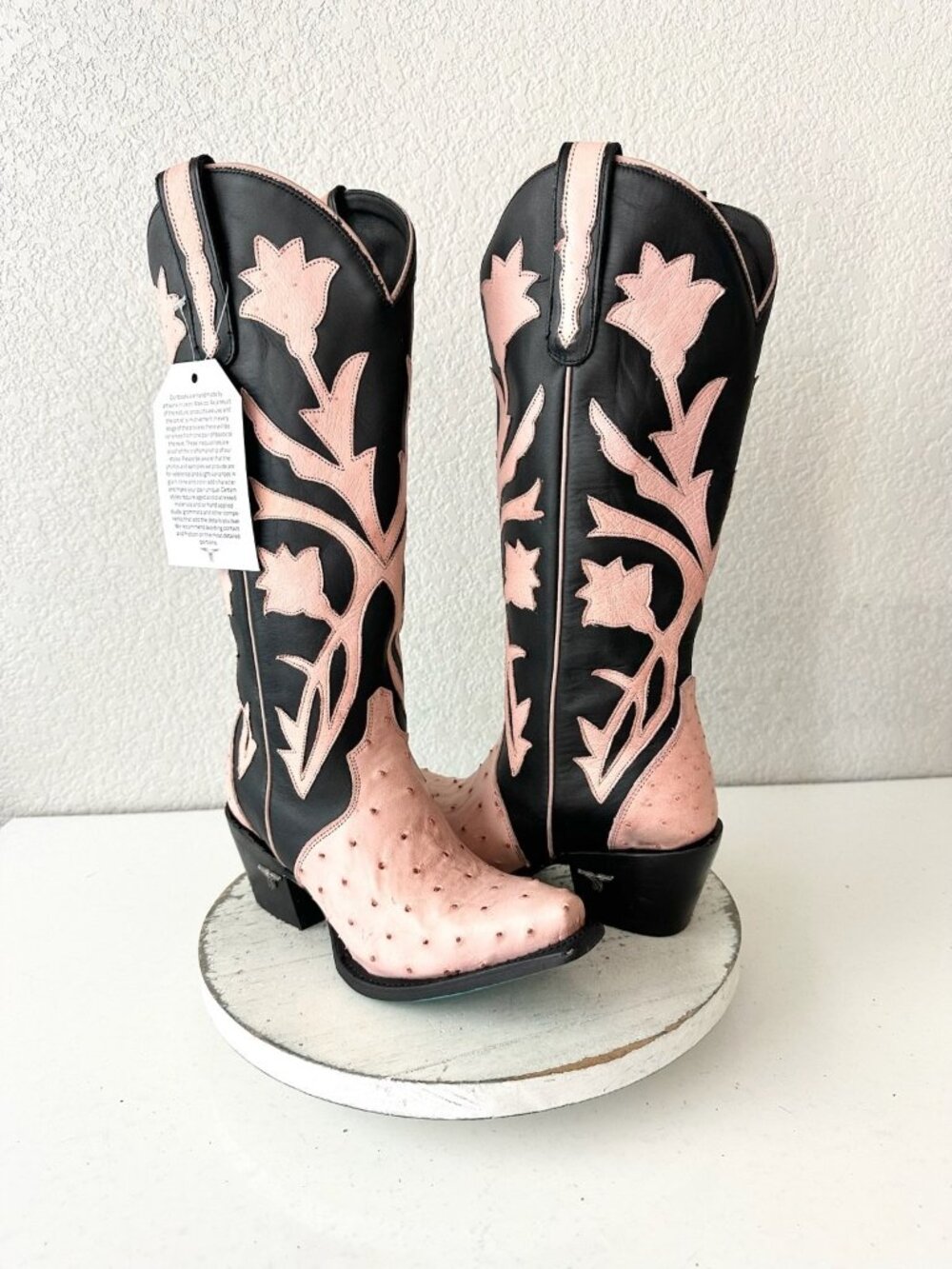 Lane Jolene Pink Ostrich Black Cowboy Boots Western Cowgirl Snip Toe Mid Calf 7
